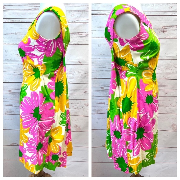 Vintage Hawaiian MCM Mid Century Mod Neon Flower Power Shift Cape Dress - Picture 5 of 14